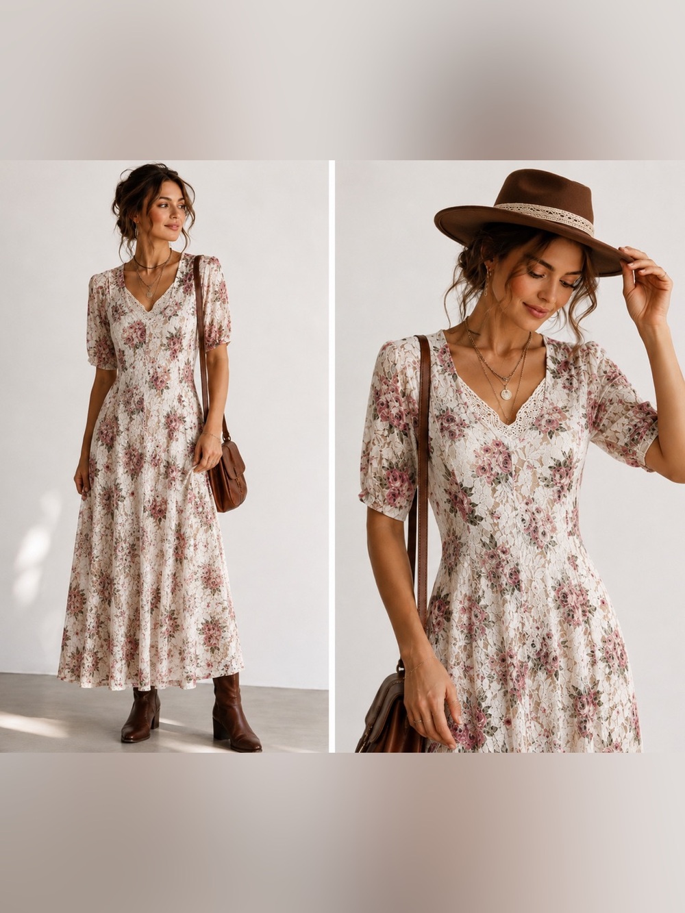 90's Floral Lace Maxi Dress S Pink Rose Crochet V-Neck Victorian Goth Prairie